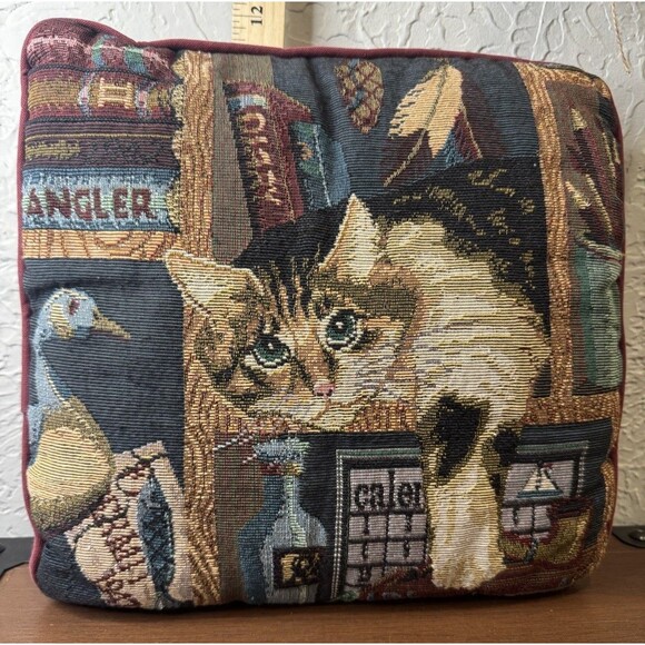 Vtg Cat Kitty Feline Tapestry Needlepoint Library Fish Duck Throw Pillow 12” - Picture 2 of 5